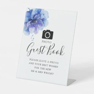 Photo Guest Book Watercolor Blue Floral Wedding Pedestal Sign