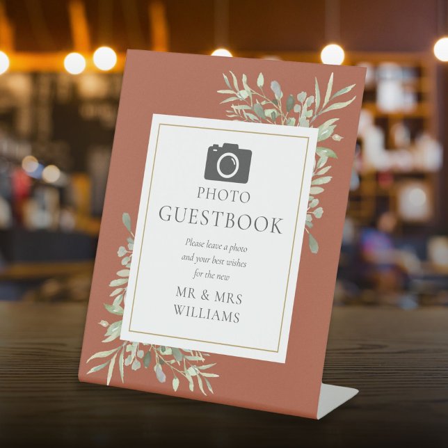 Photo Guestbook Watercolor Greenery Terracotta Pedestal Sign (Photo Guestbook Watercolor Greenery Terracotta Pedestal Sign)