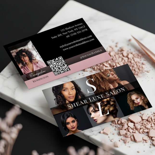 Photo Hair Salon Stylist Luxe Monogram Black Pink Business Card (Photo Hair Salon Stylist Luxe Monogram Black Pink Business Card)