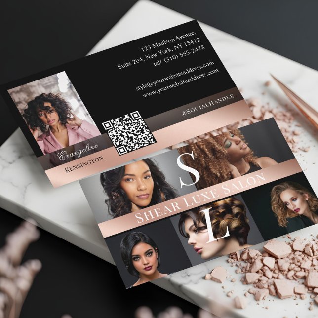 Photo Hair Salon Stylist Luxe Monogram Black Rose Business Card (Photo Hair Salon Stylist Luxe Monogram Black Rose Business Card)