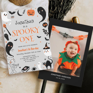 Photo Halloween Spooky One Boy 1st Birthday Invitation
