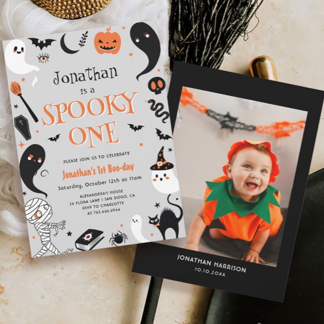 Photo Halloween Spooky One Boy 1st Birthday Invitation (Creator Uploaded)