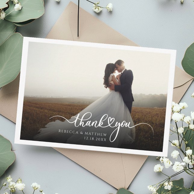 Photo Hand-Lettered Modern Wedding Thank You Card (Elegant Modern Photo Wedding Thank You Card)