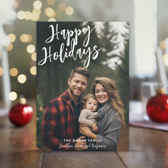 Photo Handwritten Christmas Green Plaid Happy Holiday Card (Large white Script Type over a vertical photo - Online Christmas Card)