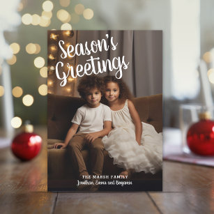 Photo Handwritten Grey Plaid Season's Greetings Holiday Card