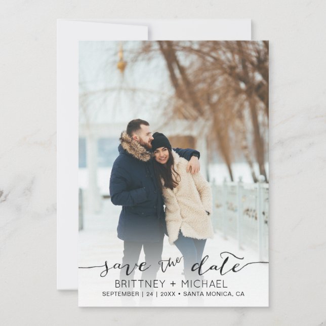 Photo Handwritten Modern Black Save the Date (Front)