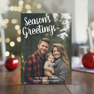 Photo Handwritten Red Plaid Season's Greetings Holiday Card