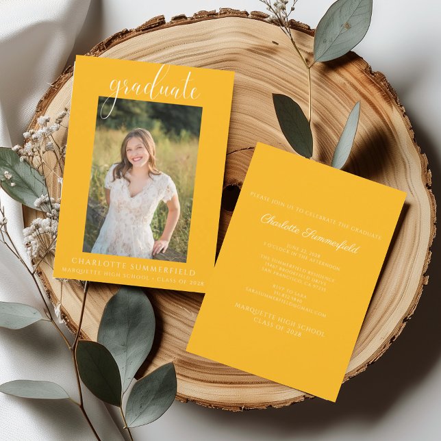 Photo Handwritten Script Gold Graduation Invitation (Creator Uploaded)