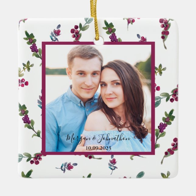 Photo Handwritten Script Winter Berries Ceramic Ornament (Front)