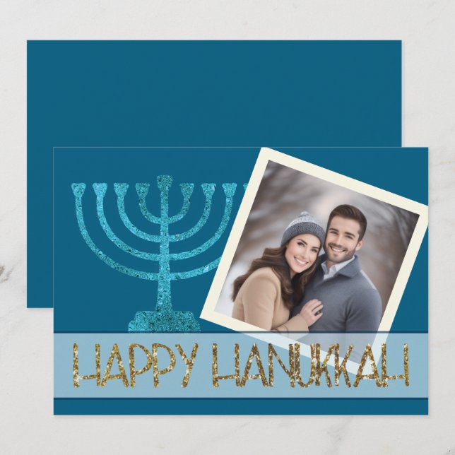 Photo Hanukkah Blue White Gold Menorah Glitter Holiday Card (Front/Back)