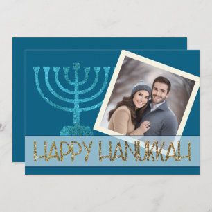 Photo Hanukkah Blue White Gold Menorah Glitter Holiday Card