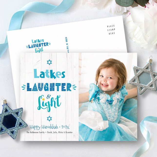 Photo Hanukkah Latkes Laughter Light Rustic Wood Holiday Postcard (Creator Uploaded)