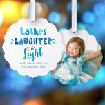 Photo Hanukkah Latkes Laughter Light Typography Tree Decoration Card<br><div class="desc">“Latkes, laughter & light.” Feel the warmth and joy of the holiday season while ushering in the festival of lights with this playful, keepsake paper ornament card. On the front, fun, whimsical handcrafted typography in dusty blue, turquoise and teal overlays a white background. The personalised photo of your choice adorns...</div>