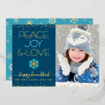 Photo Hanukkah Peace Joy Love Snowflake Real Gold<br><div class="desc">“Peace, joy & love.” A fun, playful, real gold foil and turquoise blue snowflake illustration, real gold foil confetti dots, and real gold foil and turquoise modern typography on a navy blue background, along with the custom photo of your choice, help you usher in the Hanukkah season. A random faux...</div>