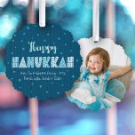 Photo Happy Hanukkah Fun Typography Star of David Tree Decoration Card<br><div class="desc">“Happy Hanukkah.” Feel the warmth and joy of the holiday season while ushering in the festival of lights with this playful, keepsake paper ornament card. Fun, whimsical handcrafted typography along with a random Star of David pattern in light dusty blues overlay midnight navy blue hand drawn lines and a dark...</div>