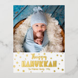 Photo Happy Hanukkah Modern Whimsical Real Gold Foil Holiday Postcard<br><div class="desc">“Happy Hanukkah.” Fun, playful, whimsical handcrafted real gold foil typography and a random Star of David pattern overlay a clean, white background. Add the photo of your choice and help usher in Hanukkah with this stunning, colourful, personalised real gold foil greeting postcard. Your custom note, typed or handwritten, is on...</div>