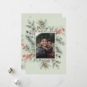 Photo Happy Holidays Pine Holly Watercolor Holiday Card