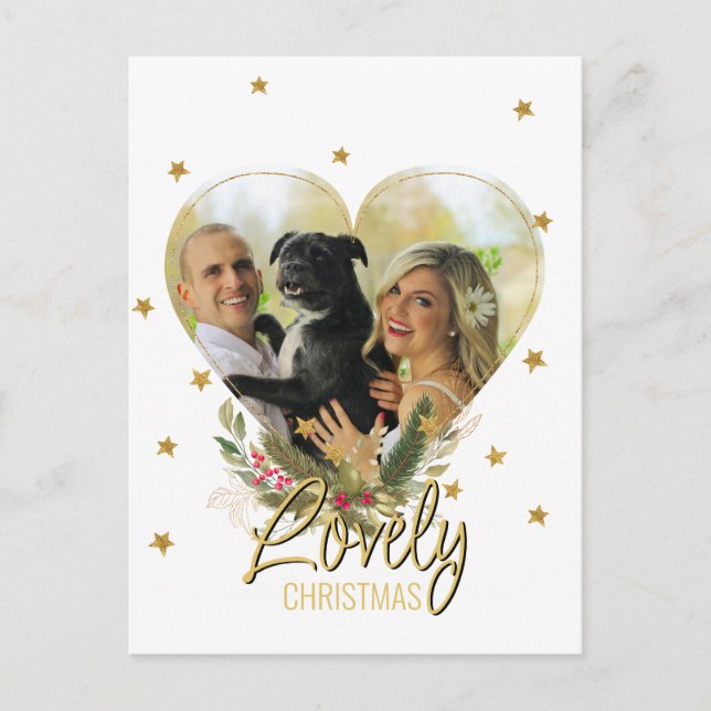 Photo Heart Gold Glitter Stars Lovely Christmas Holiday Postcard (Front)