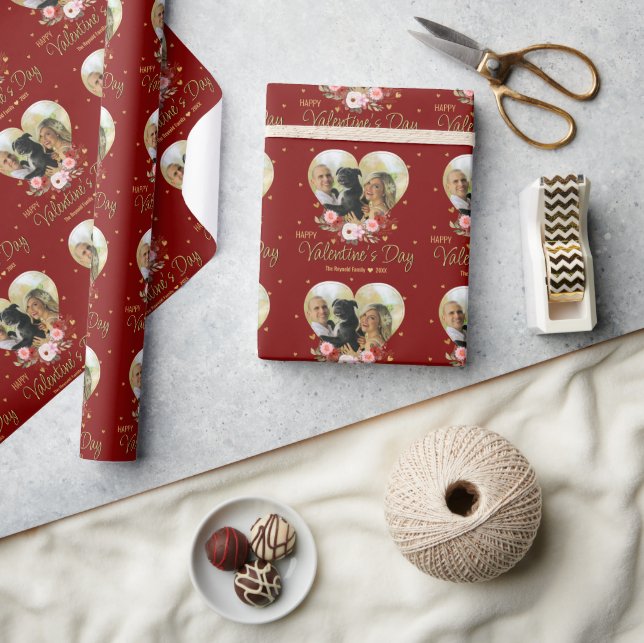 Photo Heart Gold Valentine's Day Glitter Heart Red Wrapping Paper (Crafts)