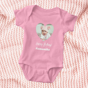 Photo heart name birthday baby girl pink baby bodysuit