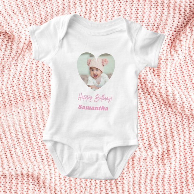 Photo heart name birthday baby girl pink baby bodysuit (Creator Uploaded)