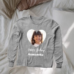 Photo heart name birthday girl grey<br><div class="desc">For a grey,  light coloured shirt. White text. Personalise and add a name and a photo inside the heart shaped frame.</div>