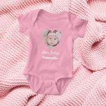 Photo heart name birthday girl pink baby bodysuit<br><div class="desc">Personalise and add a name and a photo inside the heart shaped frame. White text.</div>