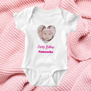 Photo heart name birthday girl pink baby bodysuit
