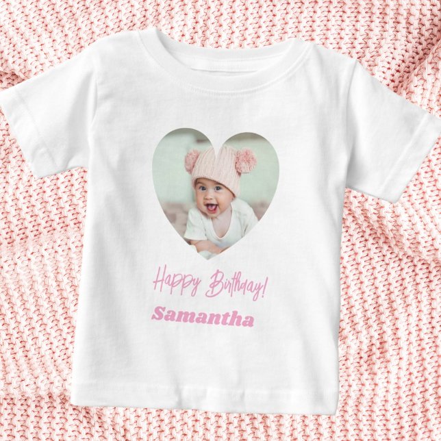 Photo heart name birthday girl pink baby T-Shirt (Creator Uploaded)