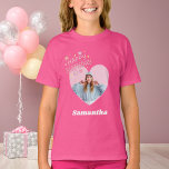 Photo heart name birthday girl pink T-Shirt<br><div class="desc">Personalize and add a name and a photo inside the heart shaped frame.  Happy Birthday with flowers.</div>
