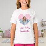 Photo heart name birthday girl pink T-Shirt<br><div class="desc">Personalise and add a name and a photo inside the heart shaped frame. Pink text.</div>