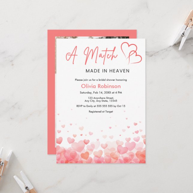 Photo Hearts A Match Made in Heaven Bridal Shower  Invitation (Front/Back In Situ)