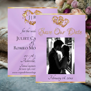 Photo, Hearts & Ribbon - Lavender/Gold Save The Date