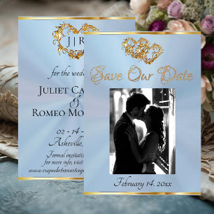 Photo, Hearts & Ribbon - Pastel Blue/Gold Save The Date