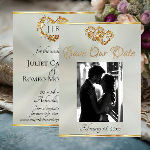 Photo, Hearts & Ribbon - Pastel Sage/Gold Save The Date