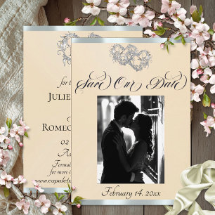 Photo, Hearts & Ribbon - Peach Pearl/Silver Save The Date