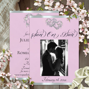 Photo, Hearts & Ribbon - Pink Pearl/Silver Save The Date
