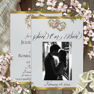 Photo, Hearts & Ribbon - Silver Pearl/Gold Save The Date
