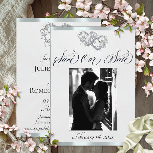 Photo, Hearts & Ribbon - White Pearl/Silver Save The Date