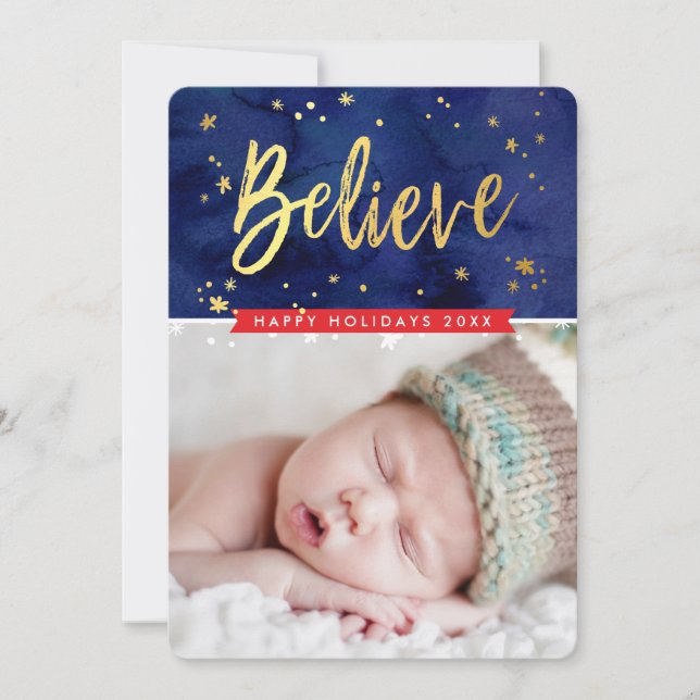 PHOTO HOLIDAY gold believe magical christmas Card (Front)