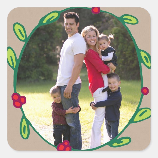 Photo Holiday Sticker: Rustic Foliage Wreath Photo Square Sticker (Front)