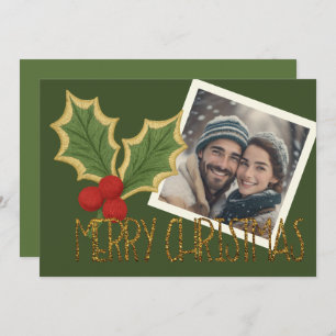 Photo Holly Berries Embroidery Christmas Holiday Card