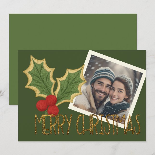Photo Holly Berries Embroidery Christmas Holiday Card (Front/Back)