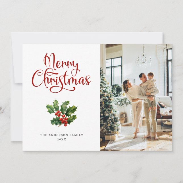 Photo Holly Berries Script Merry Christmas Card (Front)