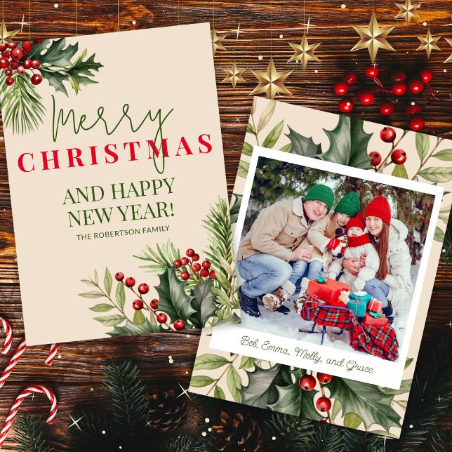 Photo Holly Pine Red Berries Beige Christmas Card (Creator Uploaded)