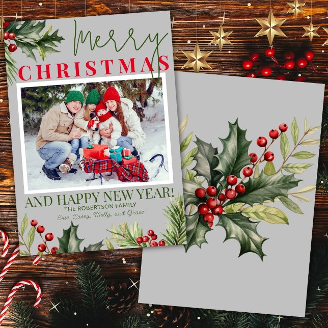 Photo Holly Pine Red Berries Grey Christmas Card (Creator Uploaded)