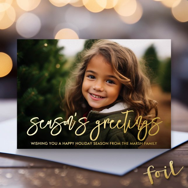 Photo horizontal Season's Greeting Plaid (Foil Holiday Greeting Card with Family Photo)