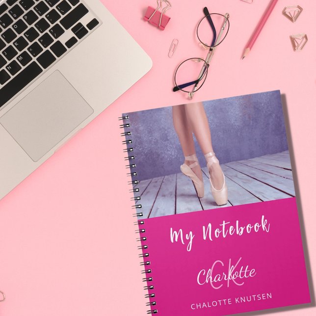 Photo hot pink white monogram name notebook (Creator Uploaded)