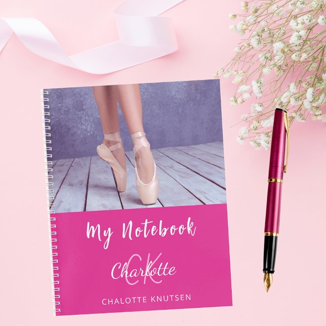 Photo hot pink white monogram name notebook (Creator Uploaded)
