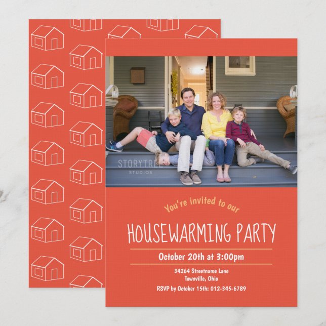 Photo Housewarming Orange White Invitation (Front/Back)